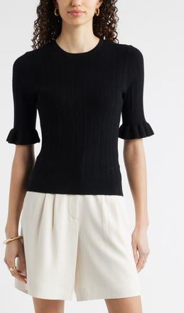 Nordstrom Pointelle Wool Blend Crewneck Sweater in Black at Nordstrom, Size Xx-Small