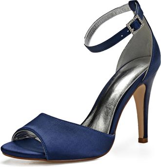 Generic Wedding Shoes Womens Heels High Heels Satin Bridal Shoes Stiletto Ankle Strap Open Toe High Heels Sandals10.5 Cm,Dark Blue,6 UK