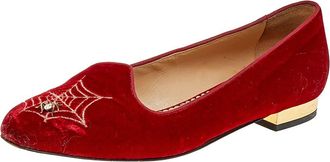 Charlotte Olympia Red Velvet Embroidered Ballet Flats