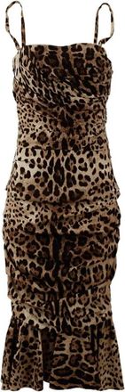 Dolce & Gabbana Luipaardprint Zijden Jurk Mouwloos Kuitlengte - Dames - Casual kleedjes - Bruin - S - Kleedjes