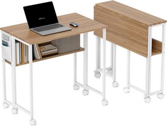 OEM Escritorio Plegable Con Ruedas Balda Y Bolsillo De Almacenaje Ideal Para Espacios Peque&ntilde;os 80x50x75 Cm Blanco Y Natural