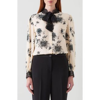 L.k. Bennett Violetta Floral Lace Bow Button-Up Shirt in Black Cream at Nordstrom, Size 14 Us