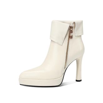 TinaCus Platform High Heels Zip up Ankle Boots Womens Pointed Toe Genuine Leather Handmade Chic Booties, Beige, 3 UK