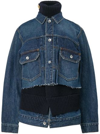 sacai Layered Denim and Wool Knit Jacket with Cropped Effect