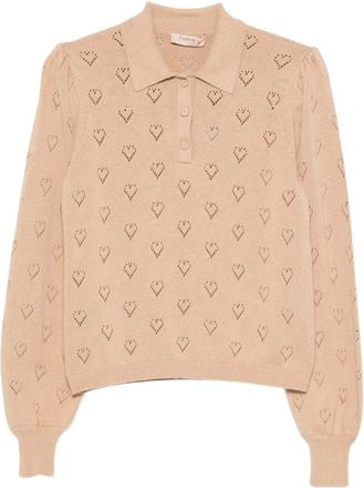 Twinset Pointelle Knit Buttoned Polo - Dames - Tops - Beige - Maat: S Katoen