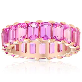 Pompeii3 5X3mm Simulated Pink Sapphire Emerald Cut Eternity Ring Solid 10k Rose Gold
