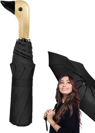 Generic Duck Handle Umbrella - 3 Fold Windproof Compact Umbrella, UV Protection Travel Umbrella | Cute Wooden Handle Umbrellas, Women Men Children Portable Su