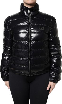 Dolce & Gabbana Womens Black Logo Plaque Full Zip Puffer Jacket Nylon Polyurethane Clothing