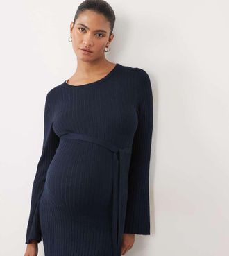 Mama Licious Mamalicious Maternity vestito midi in maglia a coste con cintura da annodare navy-blu navy