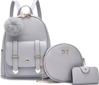 I Ihayner Nexum Mini Backpack for Teen Girls 3PCS Cute Fashion Backpack Purse Small Travel Daypacks with Pompom Shoulder Bag for Women Grey