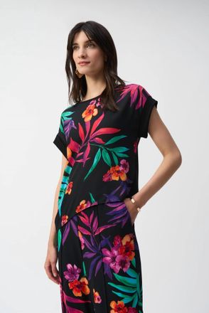 Joseph Ribkoff Tropical Print Boxy Top In Black/multi