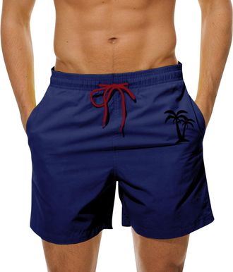 Generic Swim Shorts Men Swimming Beach Pockets Summer Casual UK Belt Drawstring Graphic Cuban Cruise Pants Fashion Loose Fit Lightweight Shorts Dark Blue