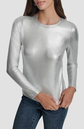DKNY Foil Rib Knit Long Sleeve Top in Silver at Nordstrom Rack, Size X-Small