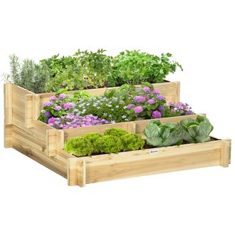 OUTSUNNY Jardinera De Madera Arriate De Jard&iacute;n De 3 Niveles Con Dise&ntilde;o De Escalera Y Tela No Tejida Para Cultivos Plantas Flores 93x93x35 Cm