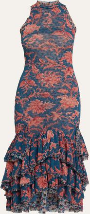 Etro Floral Stretch Tulle Ruffle Mermaid Midi Dress