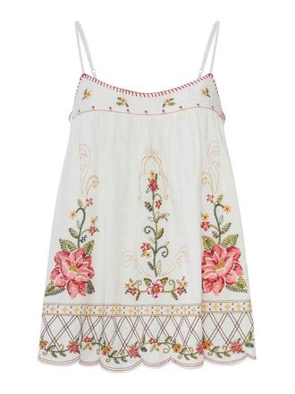 Farm Rio Linen Blend Top With Floral Embroidery