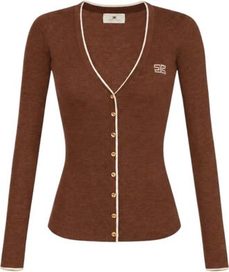 Elisabetta Franchi Cardigan met contrasterende bies - Dames - Vesten - Bruin - XS - Wol - Truien & Vesten