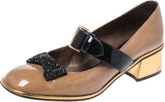 Marni Brown Patent Leather Embellished Bow Mary Jane Buckle Strap Pumps