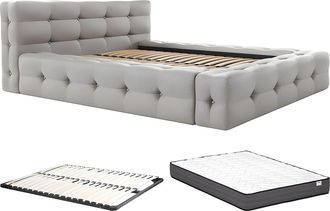 Vente-Unique Cama capiton&eacute; 140 x 190 cm - Tela jaspeada - Gris claro + Somier + Colch&oacute;n - LERUCO de Pascal Morabito