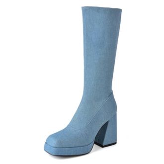 Generic Womens Knee-High Denim Fabric Boots Square Toe Side Zipper Thick Platform Chunky Block Heels Reinforced Stitching Durable Design,Light Blue,5.5 UK