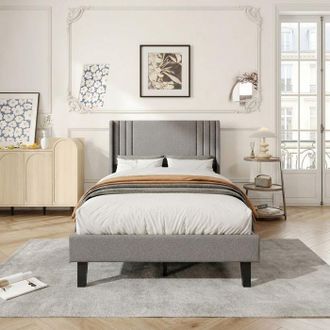 OEM Estructura De Cama - Cama Tapizada - 90 X 200 Cm - Somier De Lamas - Recubrimiento De Lino Gris
