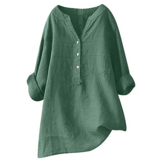 Generic Women Loose Solid Linen Shirt Long Sleeve Button Up Mandarin Collar Top Athletic Short Sleeve Shirt Women Green