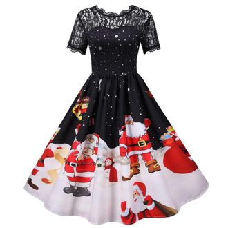Generic Women Christmas Dresses UK Ladies Short Sleeve Santa Xmas Dresses Elegant Lace Patchwork Round Neck Flared A Line 1950s Swing Dress Christmas Costume 