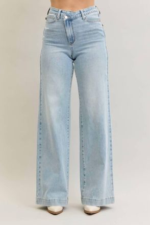 Judy Blue High Waisted Criss Cross Wide Leg Jean In Mild Destroy Light