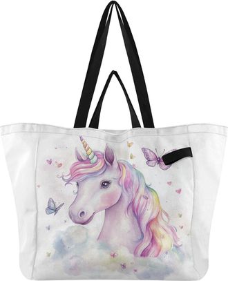 Generic Unicorn Butterflies Hearts White print Reusable Canvas Tote Bag, Heavy Duty Grocery Shopping Bag with Hard Bottom Double Handles Large Capacity Work G
