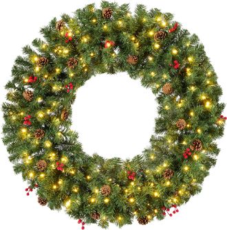 Best Choice Products Pre-Lit Christmas Wreath w/Berries & Pinecones, Large Artificial Indoor/Outdoor D&eacute;cor, Plug-in