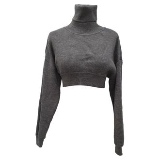 Alexandre Vauthier Rib Knit Cropped Sweater in Grey Wool