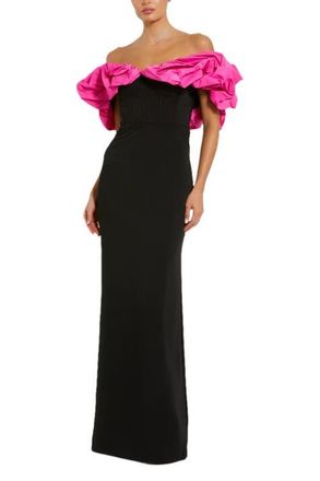Mac Duggal Crepe & Faille Off The Shoulder Gown in Black Hot Pink at Nordstrom, Size 10