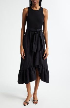 Cinq &agrave; Sept Zayla Mixed Media Ruffle Midi Dress in Black at Nordstrom, Size Xx-Small