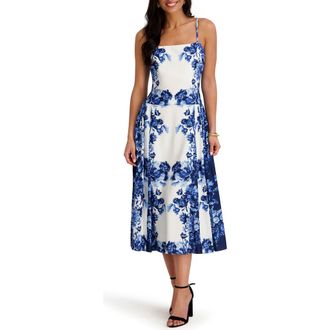 Siena My Balconia Cassidy Printed Midi Dress in White/Sapphire Multi at Nordstrom Rack, Size 14
