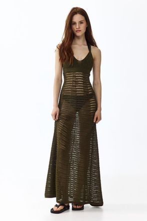 H&M Crochet-look Maxi Dress in Dark Khaki Green at Nordstrom, Size Xx-Small