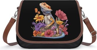 Generic Bearded Dragon Floral Crossbody Bags for Women Leather Tote Bag Travel Purse Shoulder Bag for Work Shopping