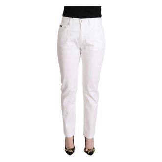 Dolce & Gabbana Chic White Tapered Denim Jeans with Logo Patch