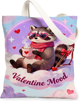 Generic ValentineS Day Animal Canvas Tote Bags, Raccoon Heart Pattern Reusable Grocery Bags, Lightweight Washable Shoulder Strap F, Peach, 13x15 Inch