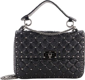 Valentino Black Quilted Leather Rockstud Spike Flap Bag Crystal Embellished Medium (Authentic Pre-Loved)