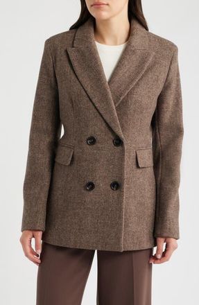 DKNY Herringbone Wool Double Breasted Coat in Chocolate at Nordstrom, Size X-Large
