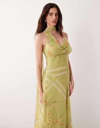 Asos Vestito lungo sottoveste verde a fiori con dettaglio stile foulard-Multicolore