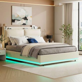 OEM Cama Lit 140x190 - Led Rgb Y Puertos Usb - Estructura De Cama Con Somier De Lamas De Madera - Terciopelo Blanco Roto - 2 Plazas