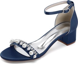Generic Bridal Shoes Women Open Toe Pearl Block Heels Wedding Shoes Low Heel Chunky Heels Bridal Satin Heels Sandals 4.5Cm,Dark Blue,10 UK