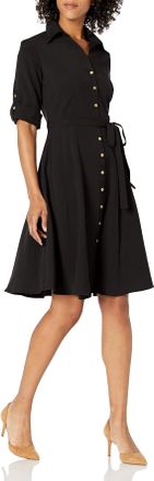 Sharagano Womens Button Front Pleated Shirt Dress Casual, Black, 26 Plus