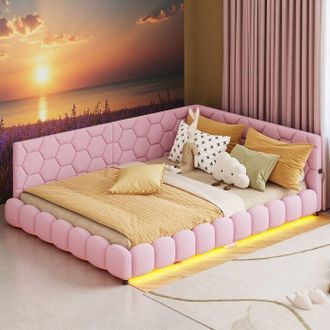 OEM Cama Doble 140x200 Cm - Cabecero Suave Semi-envuelto Rosa - Usb Integrado - Led De Ambiente Regulable - Terciopelo Y Mdf