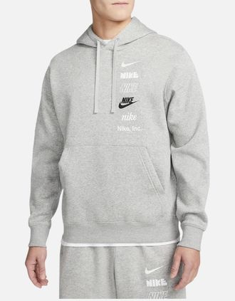 Nike Mens NIKE DX0783 Mens Fleece Hoodie Club BB Stacked Long Sleeve Swoosh Pullover Hoody - Grey - Size: 36