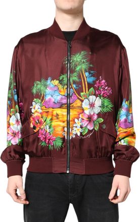 Dolce & Gabbana Mens Maroon Floral Print Full Zip Bomber Jacket Silk Clothing