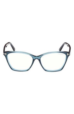 Tom Ford 56mm Cat Eye Blue Light Blocking Optical Glasses in Teal /T Logo /Blue Block at Nordstrom
