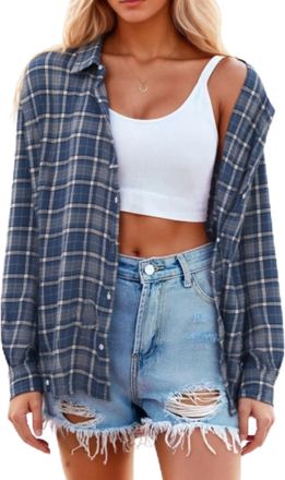 Generic Plaid Flannel Shirts for Women Loose Fit Boyfriend Button Down Cowboy Shirt Open Front Long Roll up Sleeve Casual Flannel Classic Blouse Tops Grey Gre