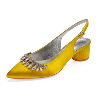 Generic Wedding Shoes Women Ankle Strap Pointed Toe Slingback Chunky Low Heels Dress Pumps Bridal Shoes 4.5Cm,Yellow,8 UK
